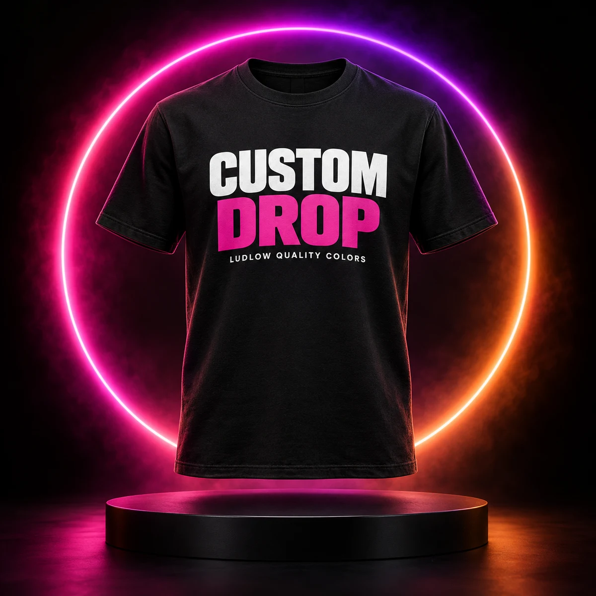Black CUSTOM DROP T-shirt on a pedestal framed by a magenta and orange neon ring